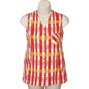 Vintage 70s Red and White Plaid Sleeveless Button-Up Summer Top